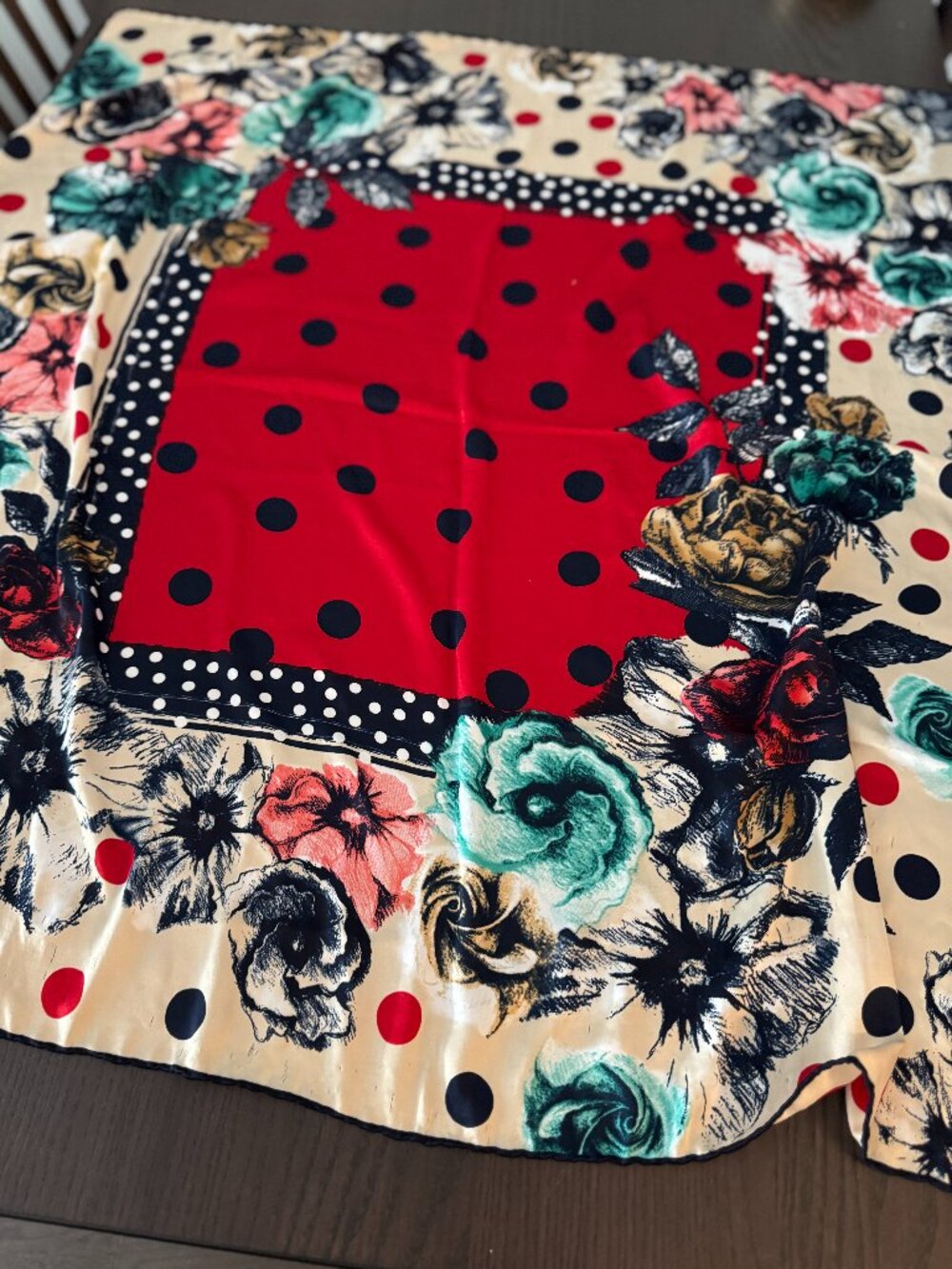 Vintage Silk Scarf Polka Dots and Floral Hand-rolled Edges by Bonjela 34 x 34 in